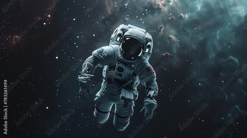 Single astronaut floating in space with dust and stars Single astronaut floating in space with dust and stars