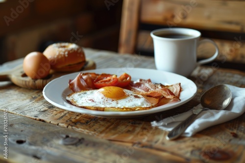 A plate of eggs, bacon, and tomatoes on a table. Perfect for food blogs or restaurant menus
