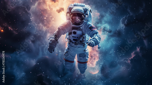 Single astronaut floating in space with dust and stars