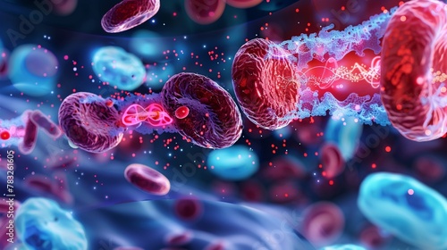 Abstract red cells showing nanoscale drug delivery systems in action, a journey through the bloodstream, in soft background. Split cells photo