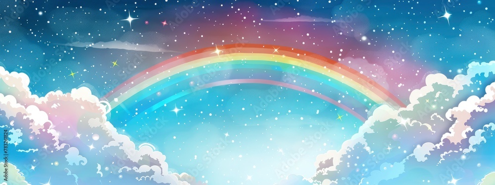 A beautiful rainbow arching across the sky, with sparkling stars and fluffy white clouds in background. illustration design.