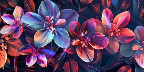 Vibrant Digital Art Flowers with Neon Colors on Dark Background