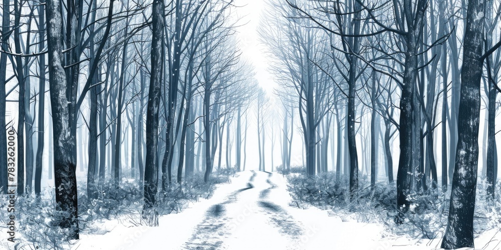 Snow-covered path through a winter forest, perfect for winter themes
