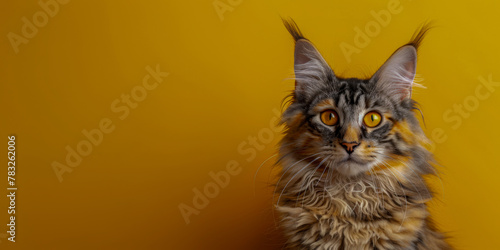 Majestic Maine Coon Cat on Vibrant Yellow Background