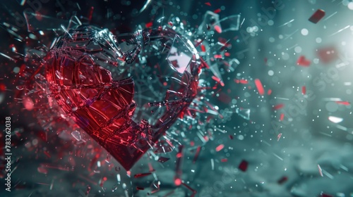 A broken red heart surrounded by small pieces of glass. Suitable for concepts of heartbreak and emotional pain