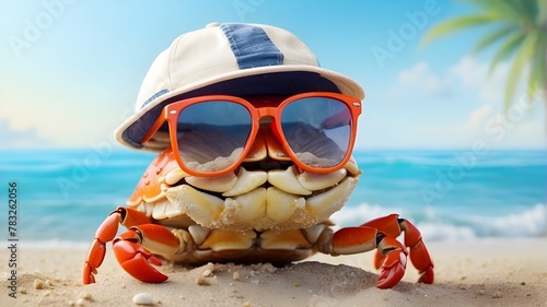 a happy, adorable crab on the beach wearing a cap and glasses. summertime vacation at sea © Ashan