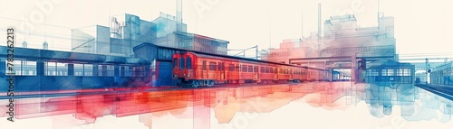 An abstract watercolor design of a train factory, featuring bold shapes and soft gradients for a unique twist 
