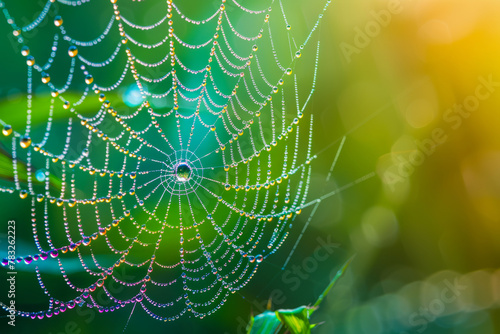 Dew Adorned Spider Web Glistening in Morning Sunlight