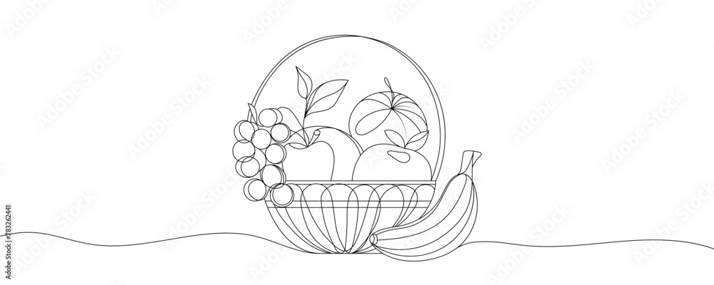 one line drawing of fresh fruits in a basket. farm fruits, ecological fruits. Vector illustration