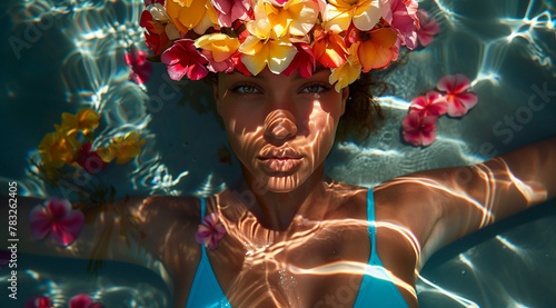 Fashionable summer portrait of a beautiful woman in a swimsuit