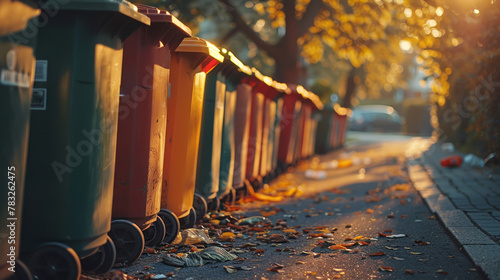 Sunset casts golden glow on lined waste containers in park