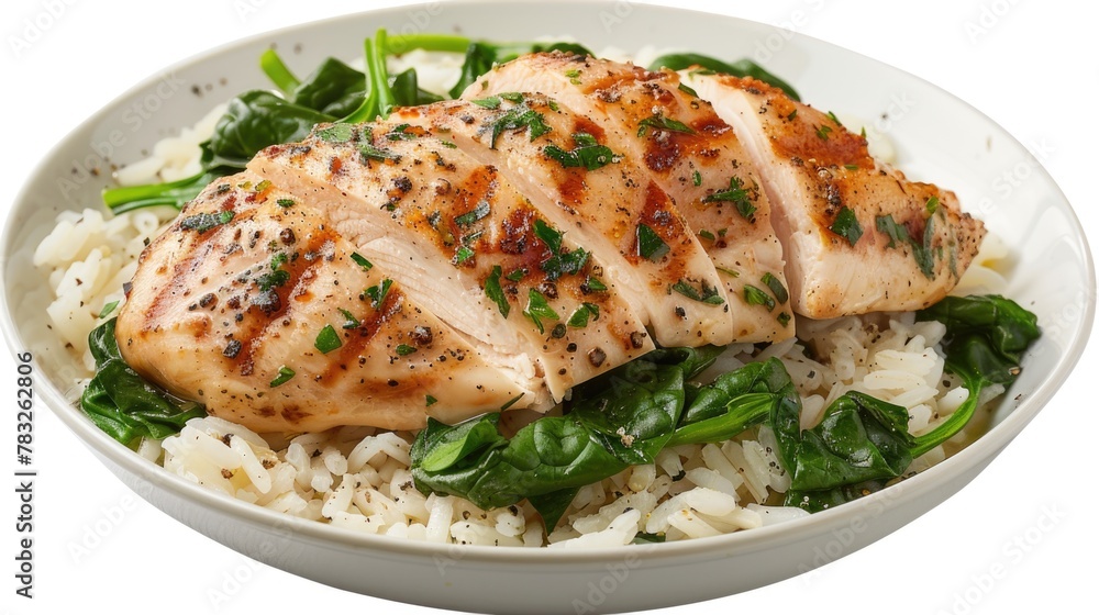 White bowl filled with rice and meat, suitable for food concepts White bowl filled with rice and meat, suitable for food concepts