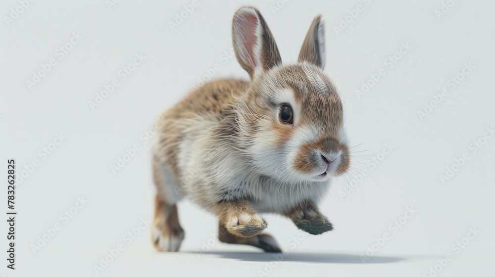 A small rabbit running on a white surface, suitable for various projects