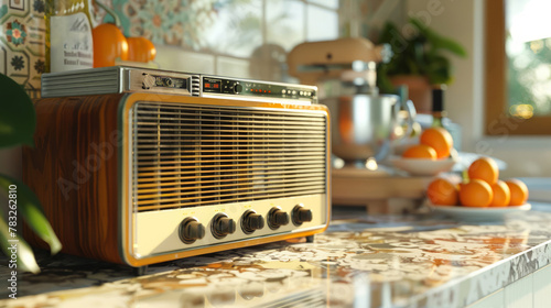 Vintage radio on kitchen counter with sunlit citrus backdrop