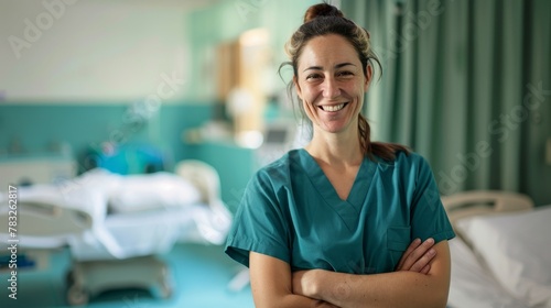Joyful Nurse in Teal Scrubs Inside Hospital Room.