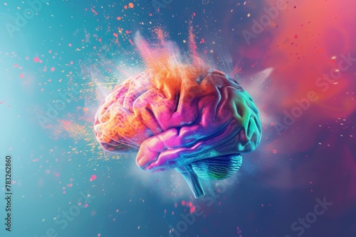 Colorful Human Brain Floating in Blue Space Amidst Dynamic Splash of Colorful Dots and Particles