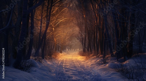 A serene snowy path in a tranquil forest. Perfect for nature-themed designs