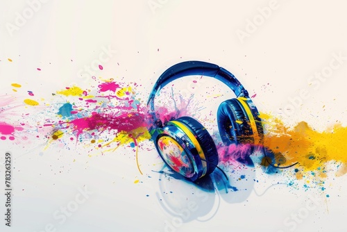 Headphones splattered with vibrant paint, perfect for music lovers or artists