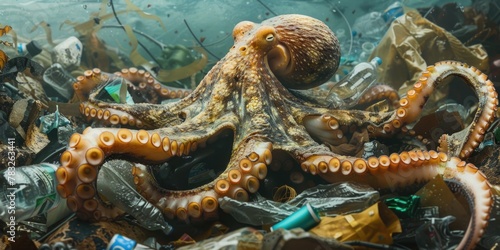 An octopus perched on a heap of trash, suitable for environmental themes