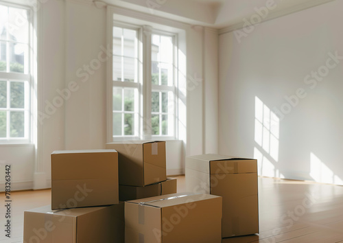 A room full of cardboard boxes. The boxes are stacked on top of each other, and there is a potted plant in the room. The room appears to be empty, and the boxes are waiting to be unpacked