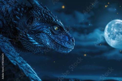 A majestic blue dragon with a full moon in the background. Suitable for fantasy and mythical themes