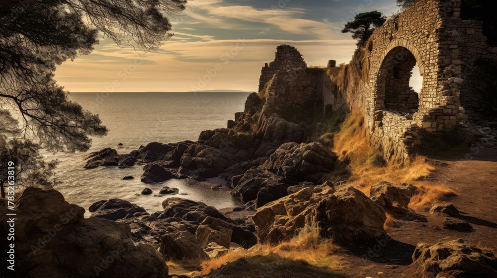 Dilapidated castle on the coastline