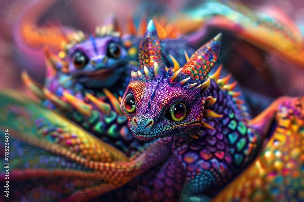 Obraz premium Two vibrant dragon figurines stacked together. Perfect for fantasy themes