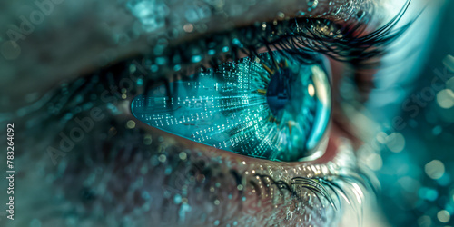 Futuristic Cybernetic Eye with Digital Coding Reflection Close-up