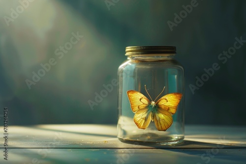 A bright yellow butterfly captured in a glass jar, perfect for nature and wildlife themes