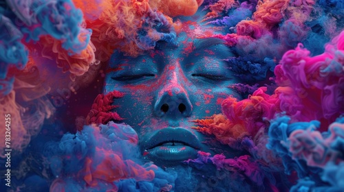 A woman covered in colored smoke with her eyes closed. Perfect for artistic projects