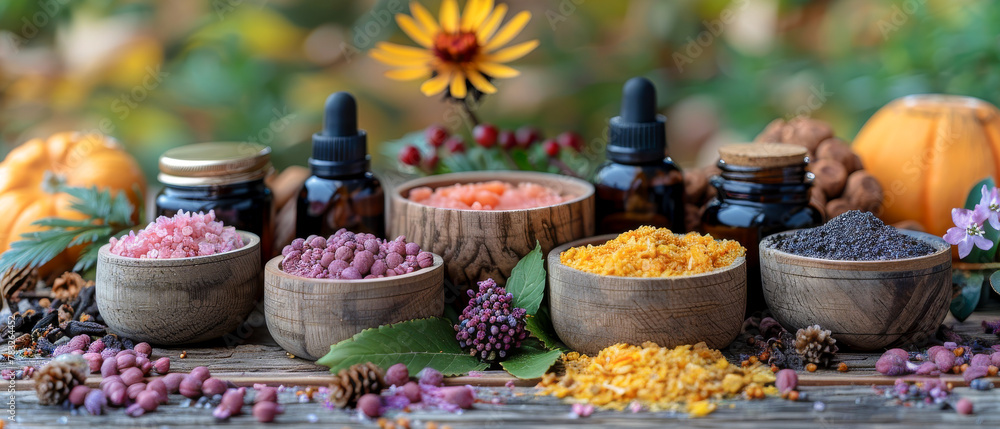 Fototapeta premium Close up table with variety of bowls, spices and herbs, bottles, and blurred background