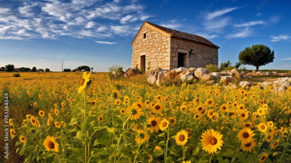 Traditional stone house amidst sunflowers