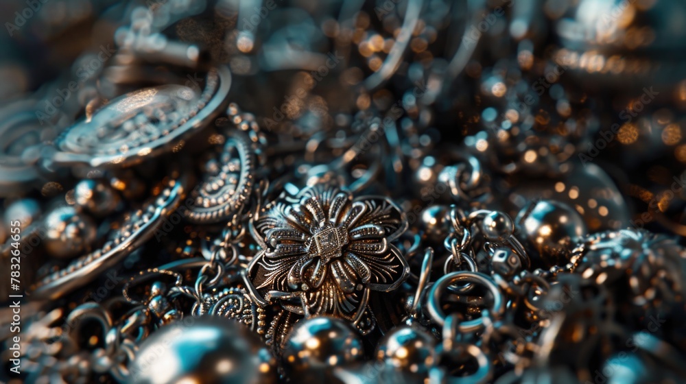 A pile of silver jewelry on a table, perfect for fashion or luxury concept designs A pile of silver jewelry on a table, perfect for fashion or luxury concept designs