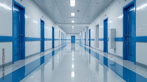 Clean and modern blue hallway in medical facility