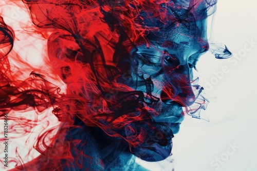 A man's face with red and blue smoke coming out of it. Suitable for creative projects
