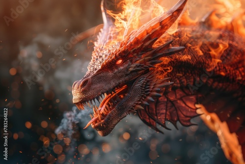 A detailed view of a dragon exhaling flames. Perfect for fantasy-themed designs photo