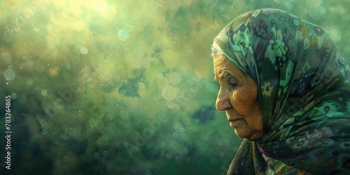 An old woman wearing traditional headscarf and scarf, suitable for cultural and elderly themes photo
