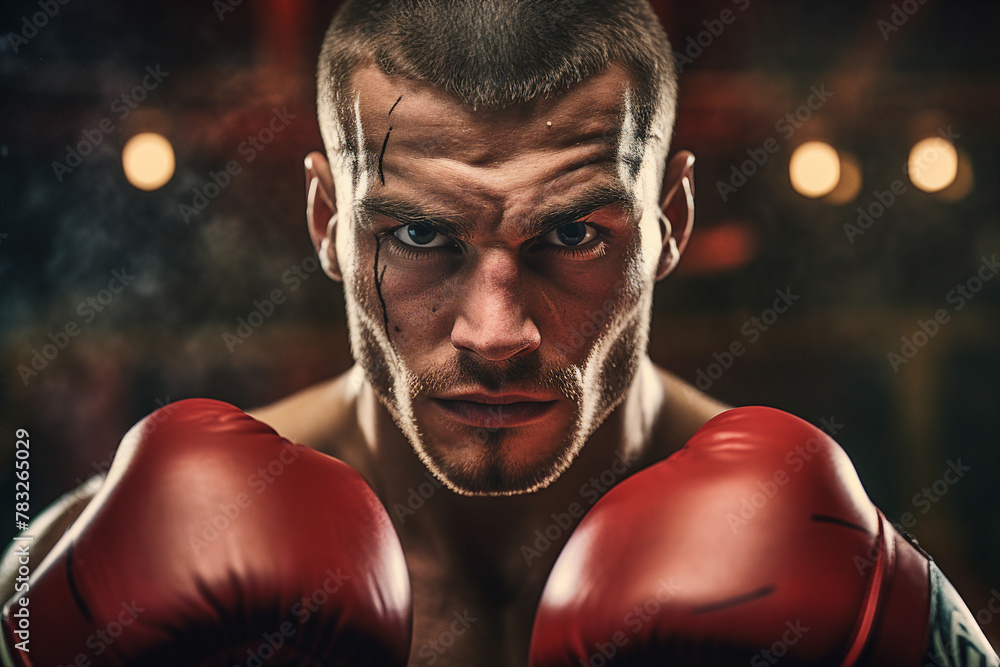Male boxer fighting with gloves in a boxing ring generative AI Male boxer fighting with gloves in a boxing ring generative AI