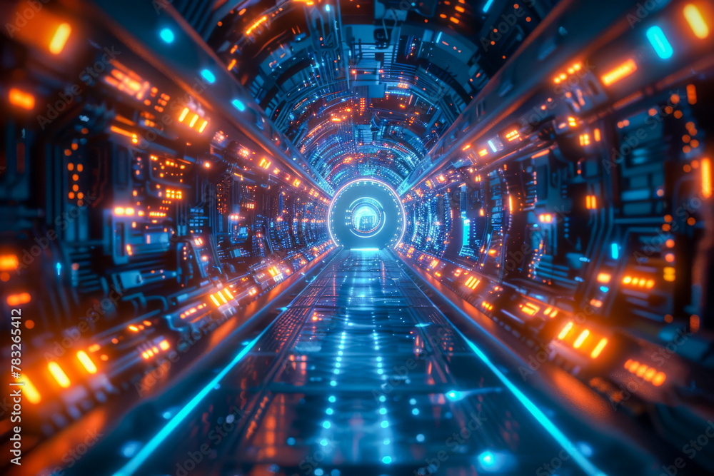 Futuristic Sci-Fi Tunnel with Glowing Lights and Advanced Technology