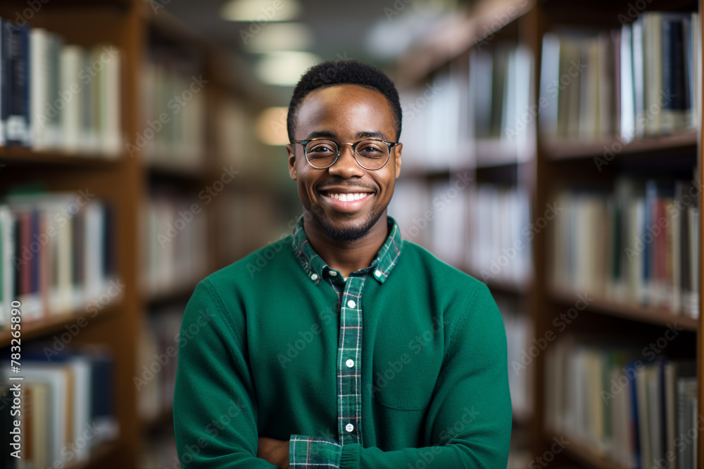 AI generated photo of young student preparing for an exam studying literature in library AI generated photo of young student preparing for an exam studying literature in library