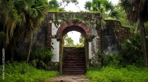 Fort tower entrance obscured by overgrowth