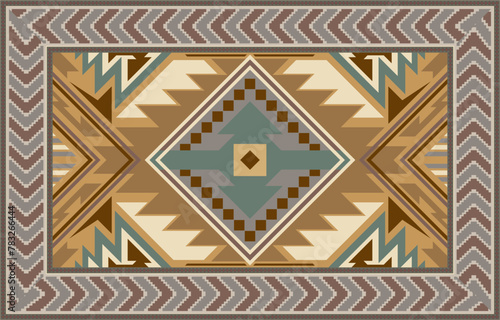 The azure patterned rug has gray and yellow geometric inserts.