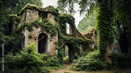 Overgrown ruins of a medieval manor house
