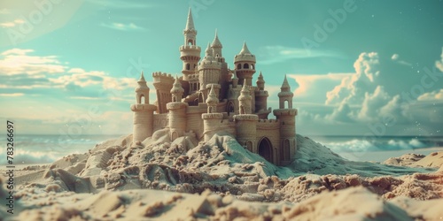 A beautiful sandcastle built on a sandy beach. Ideal for summer vacation concepts photo