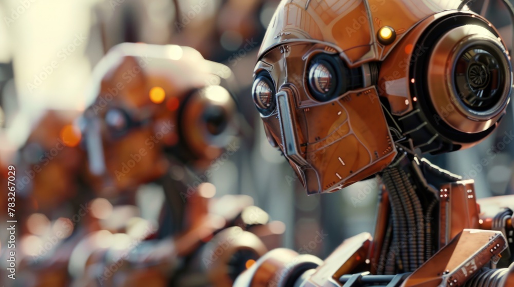 Close-up shot of a robot wearing a helmet. Suitable for technology and futuristic concepts Close-up shot of a robot wearing a helmet. Suitable for technology and futuristic concepts