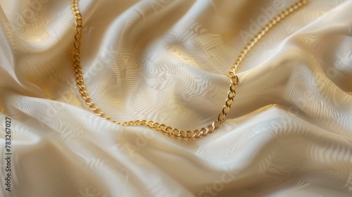 A detailed view of a gold chain on a white fabric, suitable for luxury and fashion concepts