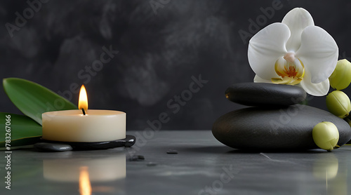 Zen stones  candles and white orchid flower on green and grey background with copy space  massage  spa and body care concept  scent