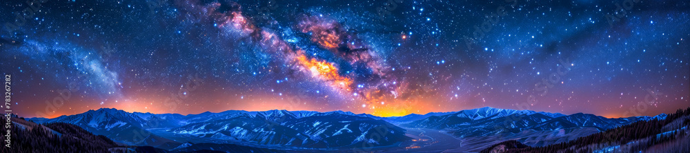 Majestic Milky Way Over Snow-Capped Mountain Range Panorama at Night