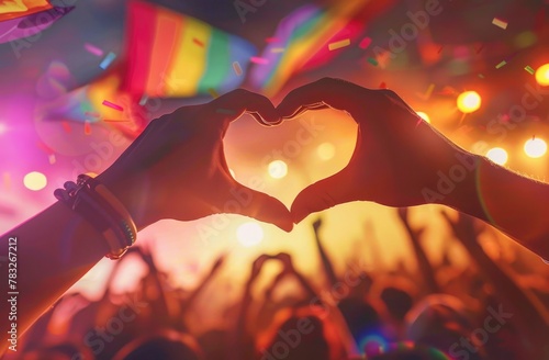 hands making a heart shape with a rainbow flag waving in the background during a pride parade celebration, love and diversity concept © RABEYAAKTER