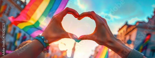 hands making a heart shape with a rainbow flag waving in the background during a pride parade celebration, love and diversity concept